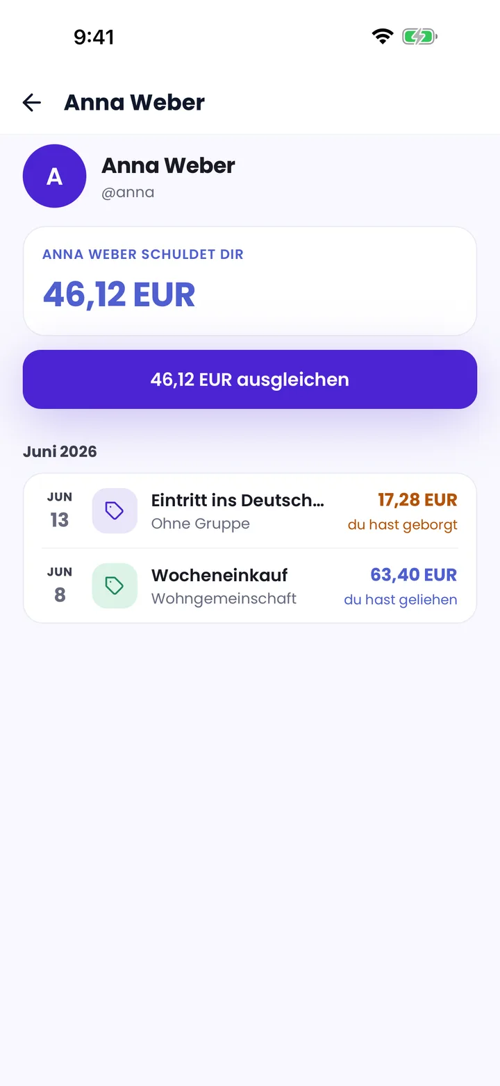 Splitceipt-Saldoübersicht mit einem Freund