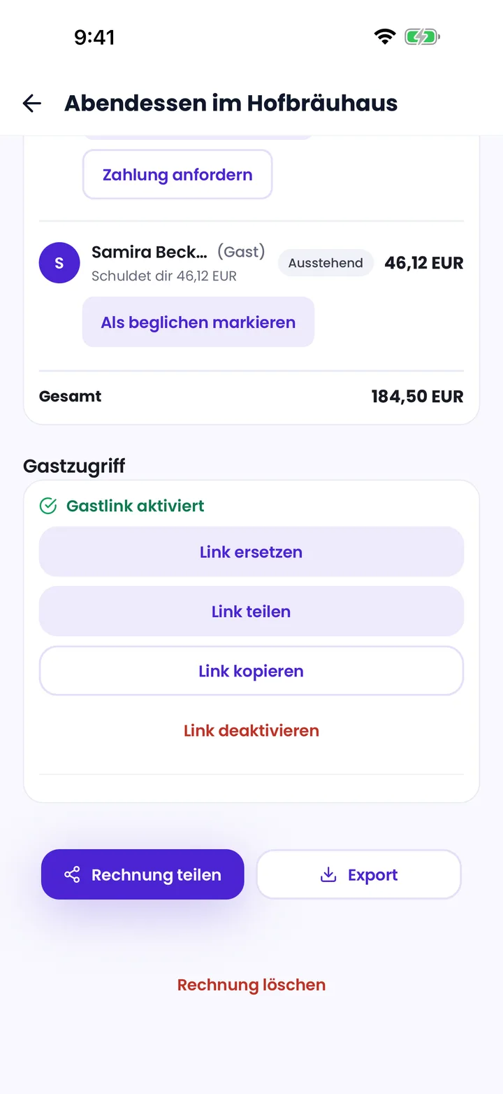 Splitceipt-Ansicht des Rechnungserstellers mit aktivem Gastlink und Freigabeoptionen