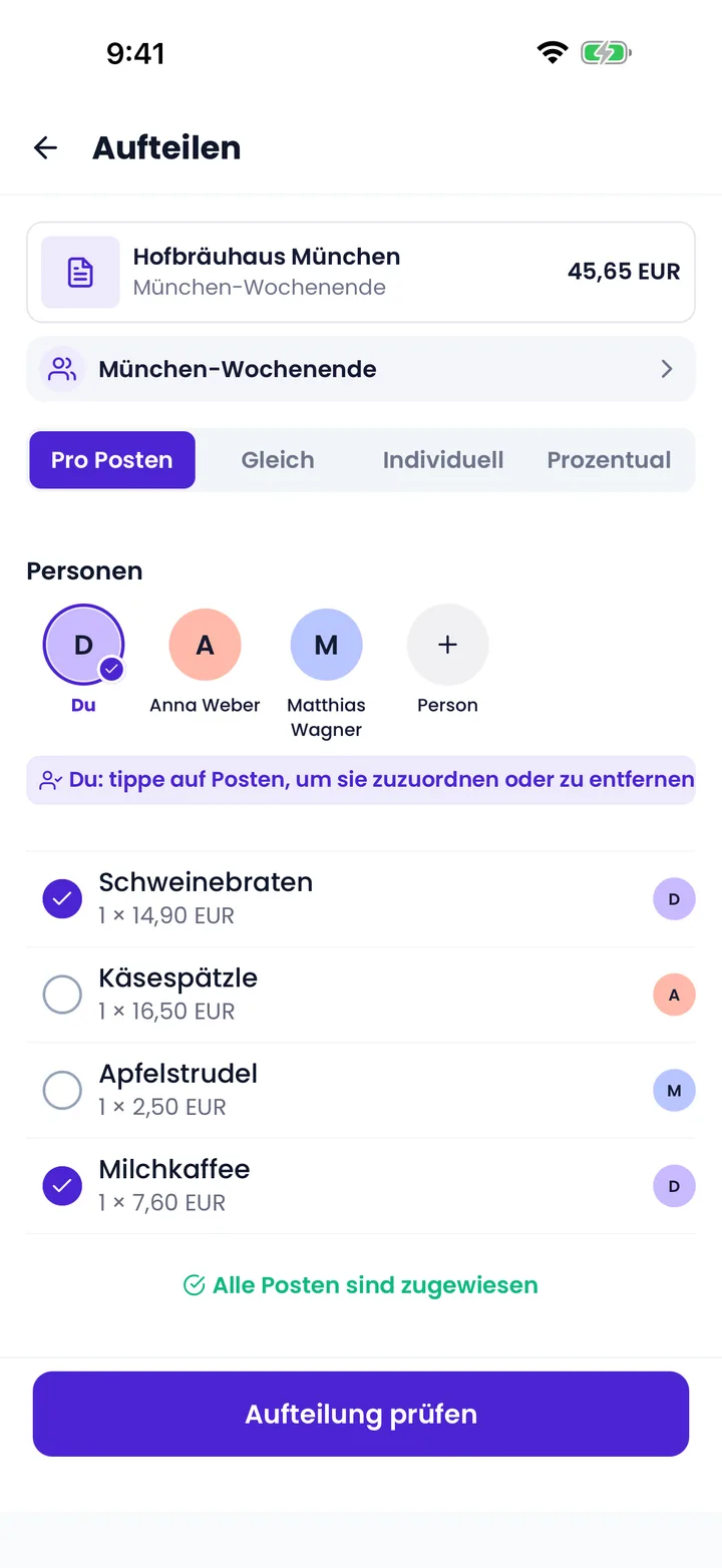 Posten vom Hofbräuhaus-Beleg, den einzelnen Teilnehmenden zugeordnet