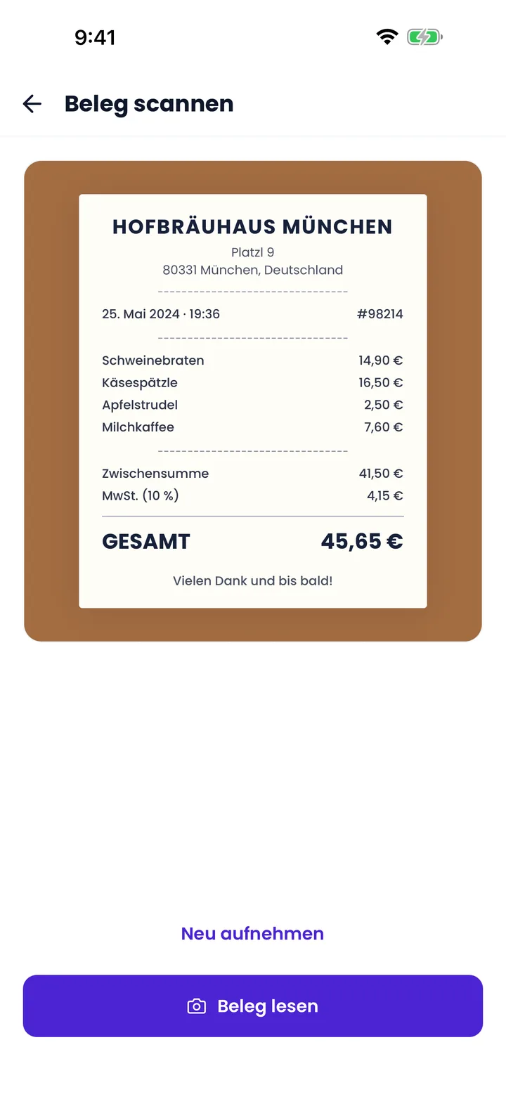 Belegerfassungsansicht in der aktuellen Splitceipt-App