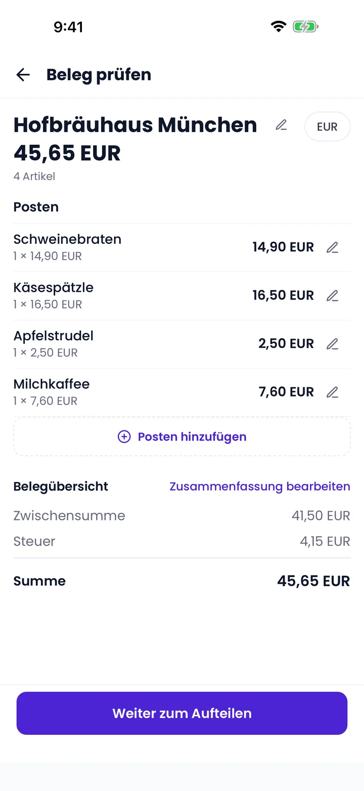 Splitceipt-Belegprüfung mit erkannten Posten