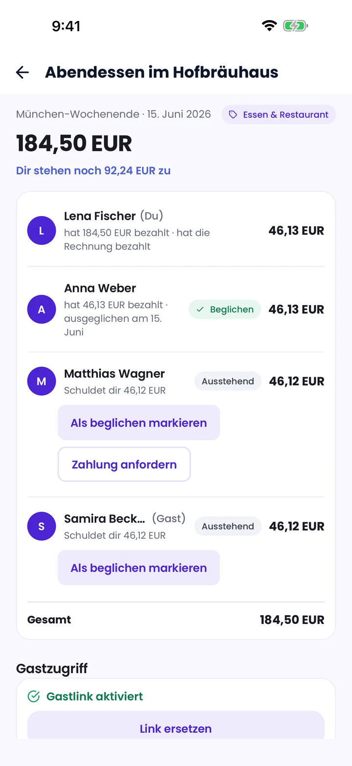 Splitceipt-Rückzahlungsansicht für eine gemeinsame Ausgabe