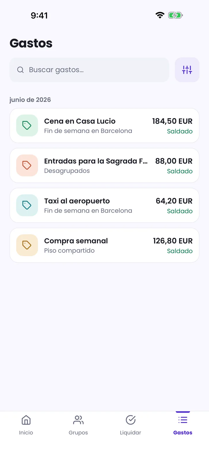 Búsqueda de gastos en Splitceipt con cuentas compartidas coincidentes