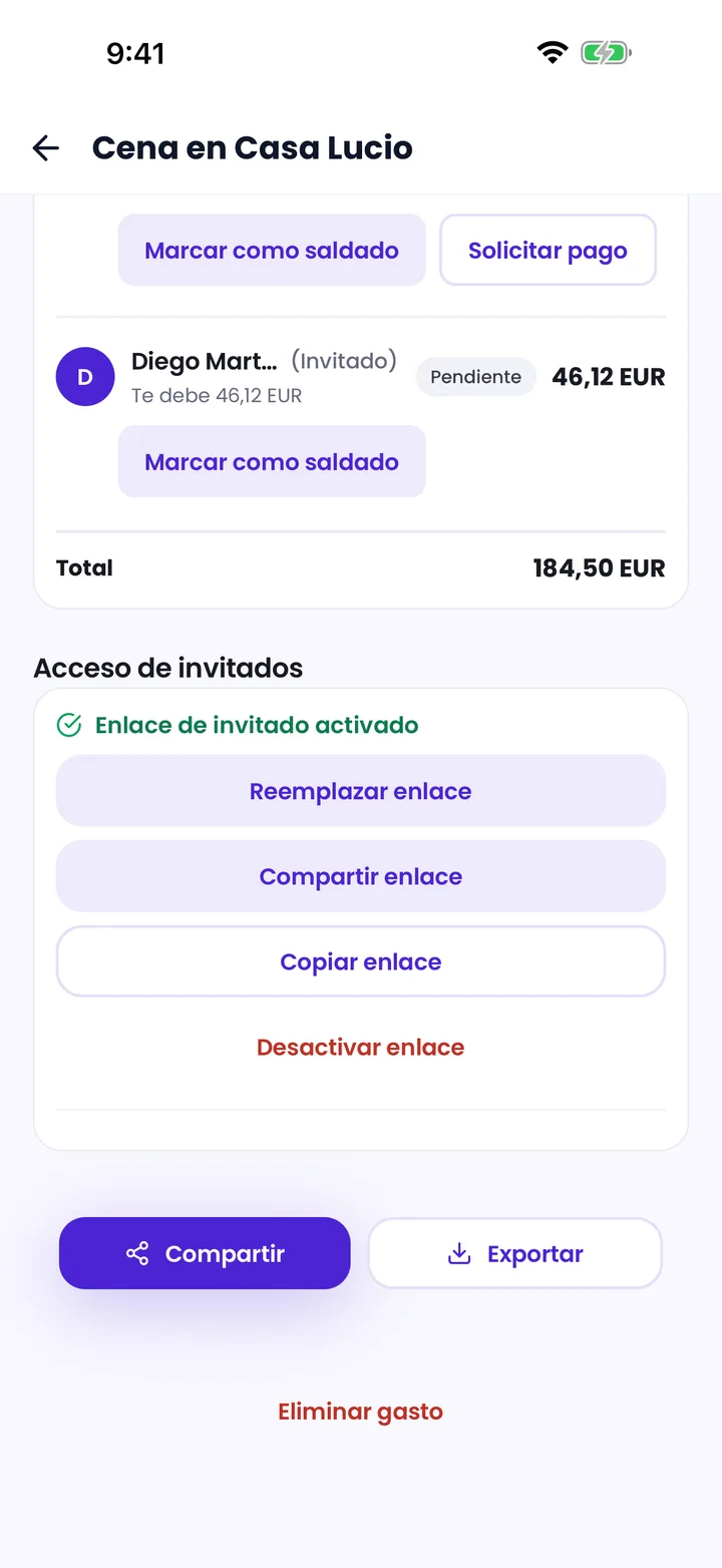 Pantalla del creador de la cuenta en Splitceipt con un enlace de invitado activo y controles para compartir