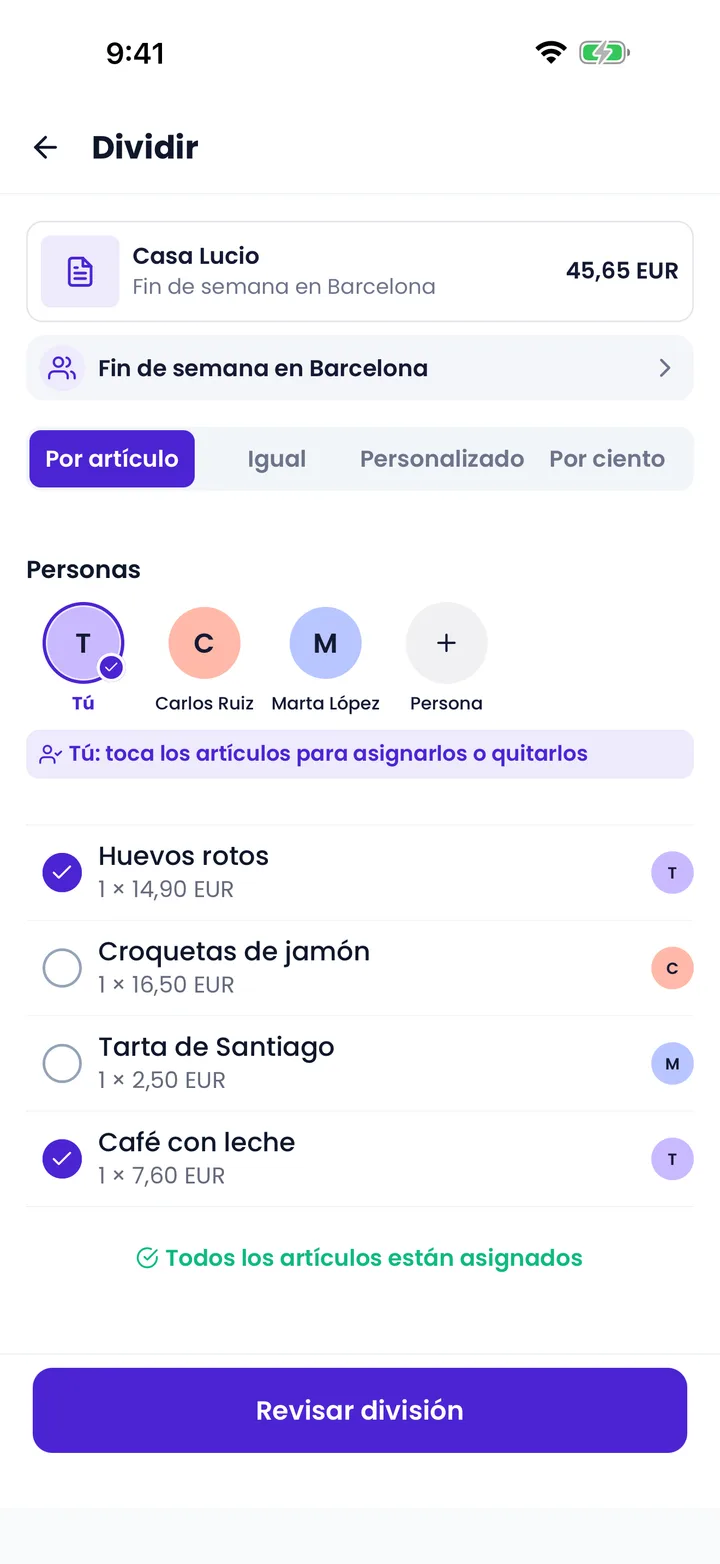 Artículos del recibo de Casa Lucio asignados a cada participante