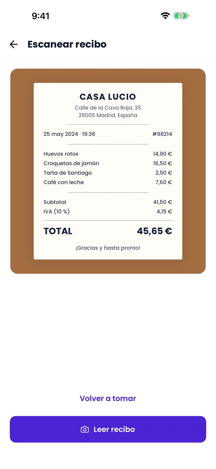 Pantalla de captura de recibos en la app actual de Splitceipt