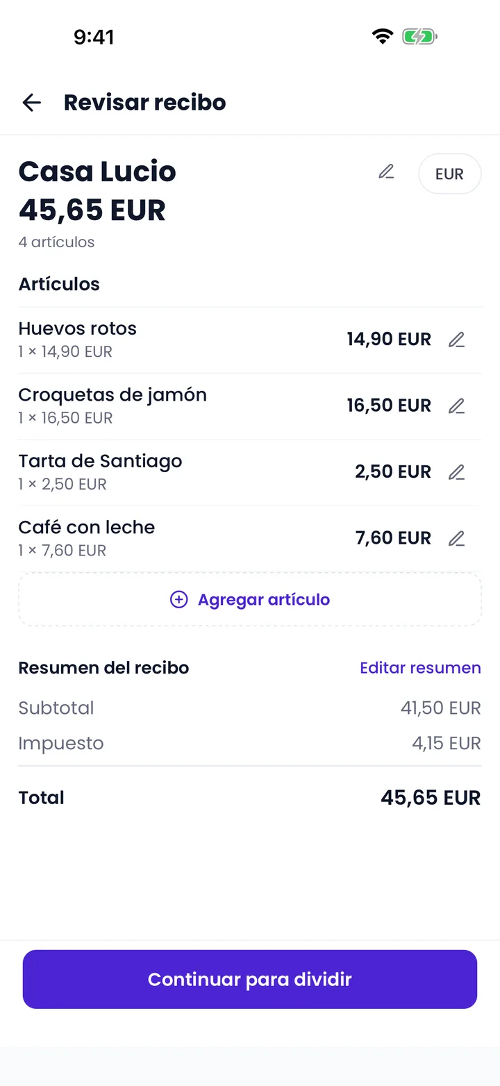 Pantalla de revisión de recibos en Splitceipt con artículos detectados