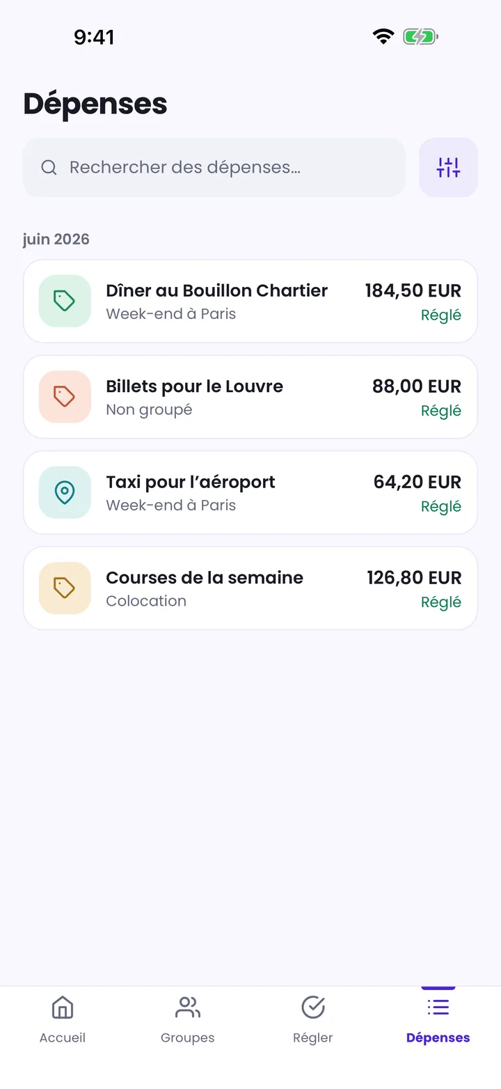 Recherche de dépenses Splitceipt affichant les résultats correspondants