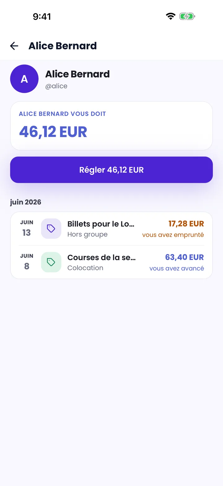 Vue du solde avec un ami dans Splitceipt