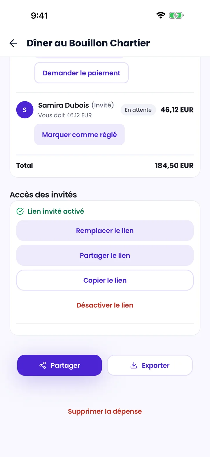 Écran du créateur de dépense Splitceipt avec lien invité actif et commandes de partage