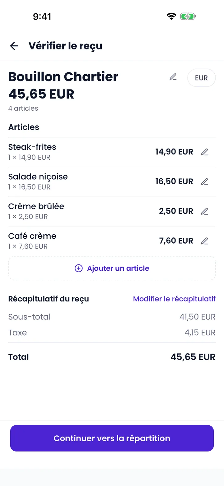 Écran de vérification de reçus Splitceipt avec articles extraits