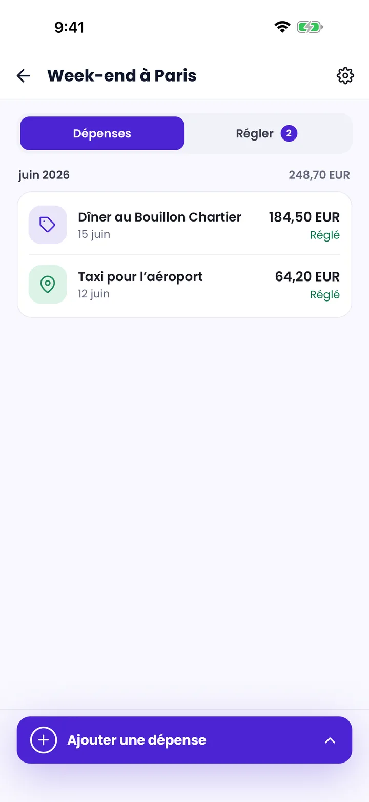 Groupe « Week-end à Paris » affichant les dépenses partagées