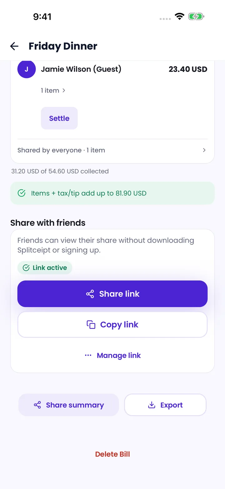 The bill creator's Splitceipt screen with an active Guest link and Copy link control